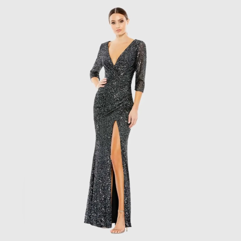 Gray Sequined Draped 3/4 Sleeve Gown